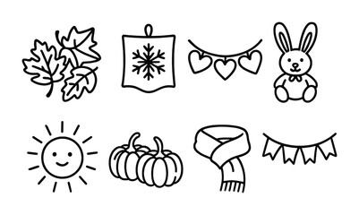 Seasonal Textile Icons. Outline icon set of seasonal textile decor: autumn leaves, snowflake cloth, heart