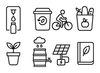 Sustainable Lifestyle Icons. Outline icon set of sustainable lifestyle icons: refill station, compost bin,