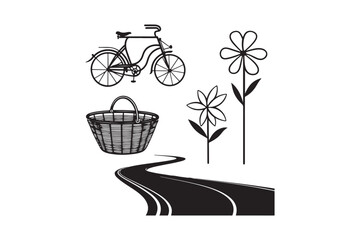 Vintage bicycle and flowers with winding road illustration