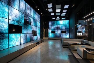A modern showroom interior featuring a large video wall display with abstract patterns, complemented by sleek furniture and contemporary design elements.