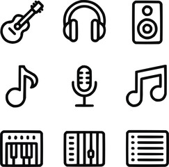 Music Line Icons Set  Instruments, Notes, and Audio Symbols