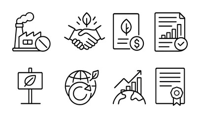 Environmental Policy Icons. Outline icon set of environmental policy and governance: emission standards,