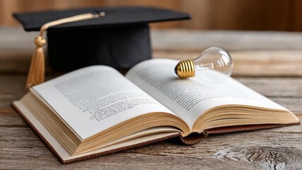 Graduation cap and light bulb on open book convey the importance of knowledge and learning in education during a celebration of academic achievements
