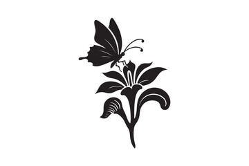 Elegant black silhouette of a butterfly perched on a lily flower