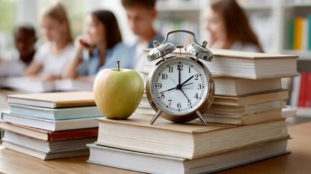 Students engaged in study session with books, clock, and apple in classroom setting during afternoon hours