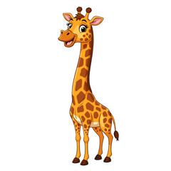 Obraz premium A cheerful cartoon giraffe stands, smiling, against a white background.