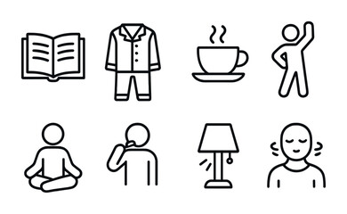 Bedtime Routine Icons. Outline icon set of bedtime routines: book, pajamas, warm tea, stretching, meditation,