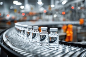 vibrant snapshot of vials of liquid travelling on a conveyer belt in a medical factory facility