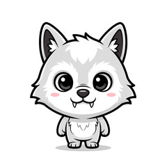 Obraz premium A cute cartoon wolf with big eyes and small fangs stands against a white background.