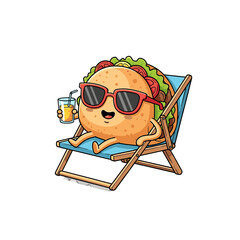 A cartoon taco character wearing sunglasses, relaxing on a beach chair, sipping a drink.