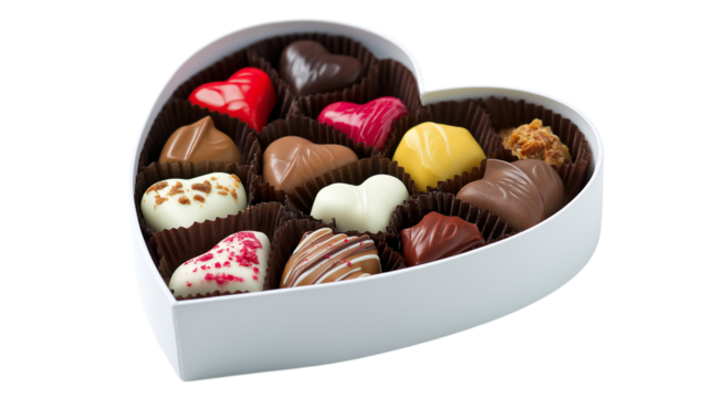 Assorted heart-shaped chocolates in white box for Valentine’s Day