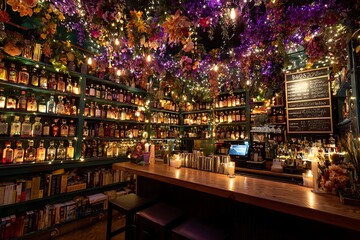 A beautifully decorated bar interior with shelves of bottles, flowers, and warm lighting creating a cozy and inviting atmosphere for patrons.