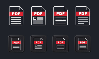 Modern PDF File Icon Bold White Lines with Red PDF Label on Black Background Vector Style.