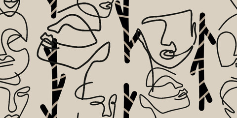 Abstract Line Art Faces with Geometric Shapes Seamless Pattern