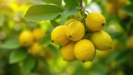 A bunch of lemons hangs on a branch. free space for text
