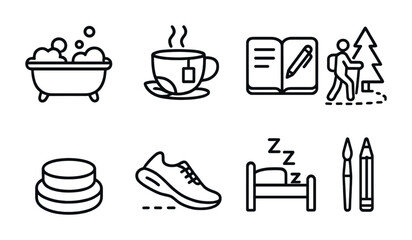 Self-Care Icon Set. Outline icon set of self-care routines: bubble bath, herbal tea, journal writing, nature