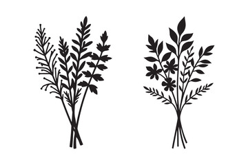 Two silhouette bouquets of wildflowers and foliage