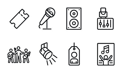 Live Music Icon Set. Outline icon set of live music event: ticket stub, stage microphone, speaker stack, sound