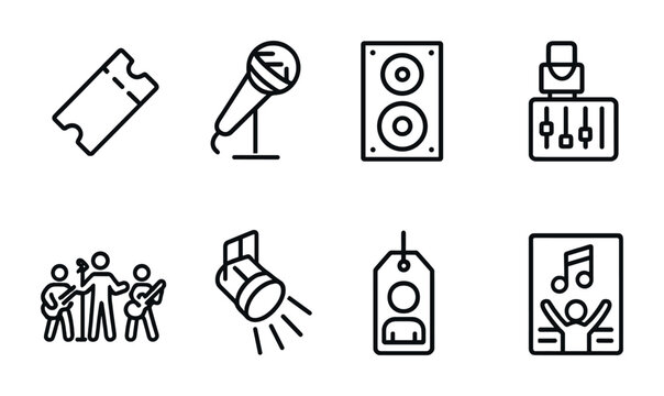 Live Music Icon Set. Outline icon set of live music event: ticket stub, stage microphone, speaker stack, sound