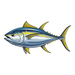 Fototapeta premium Illustration of a tuna fish with blue and silver body and yellow fins, isolated on a white background.