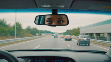 Rearview mirror reflection of focused driver on busy highway