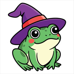 Frog wearing a witch hat in a cute illustration with trendy colors isolated on white background. Ideal for Halloween cards, flyers, and festive banners.