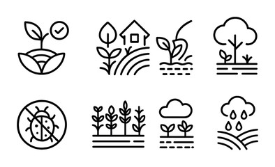 Sustainable Farming Icons. Outline icon set of sustainable farming practices: organic farming, permaculture,
