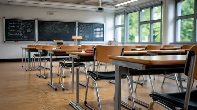 Students gather in a bright classroom with wooden desks and large windows letting in natural light during mid-morning lessons