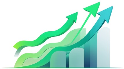 Green arrows showing upward trend and growth on a bar chart
