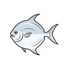 Fototapeta premium Illustration of a silver-colored fish with black outlines, showcasing its fins and streamlined shape against a white background.