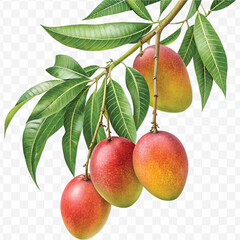 realistic fresh mango hanging from a branch with green leaves in a natural setting isolated on transparent background