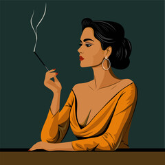 Elegant Retro Woman Smoking with Cigarette Holder Vintage Glamour Portrait Illustration
