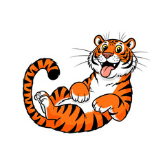 Cartoon tiger lying down, smiling and showing tongue, playful and cheerful illustration.