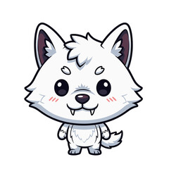 Cute cartoon white wolf character, standing, with big eyes and a friendly expression.