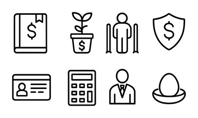 Retirement Planning Icons. Outline icon set of retirement planning: 401k plan, pension fund, retirement age,
