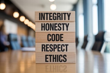 Corporate concept with wooden blocks stacked with business values integrity honesty code respect and ethics in a modern office conference room.