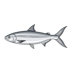 Detailed grayscale illustration of a slender, silver fish, showcasing its fins and scales.