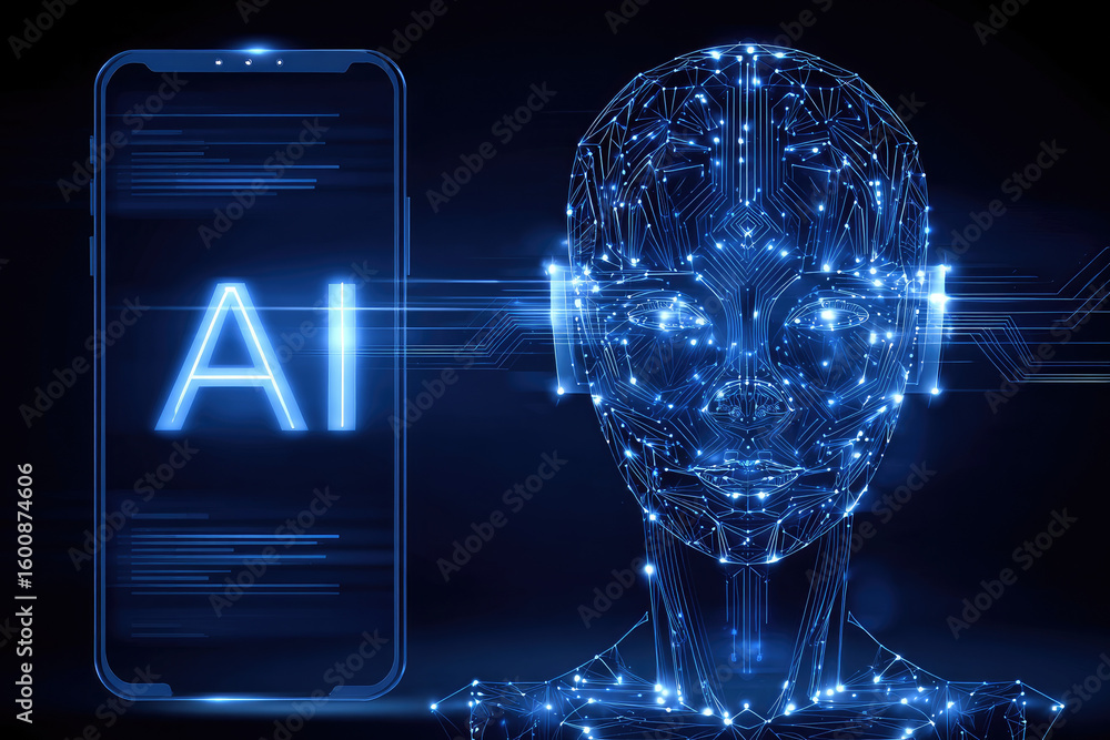 Poster exploring ai technology innovations virtual environment digital art futuristic perspective modern co