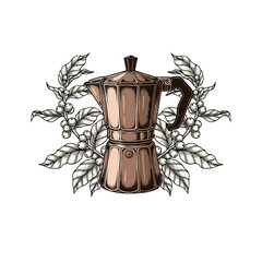 Illustration of a Moka pot coffee maker surrounded by coffee plant leaves and berries on a white background.