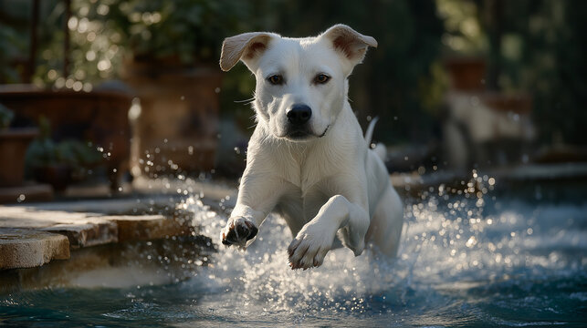 A dog jumping into a backyard pool under sunlight - Powered by Adobe