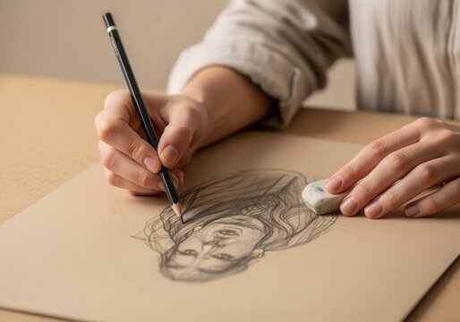 Artist sketching portrait on paper with pencil and eraser on wooden desk