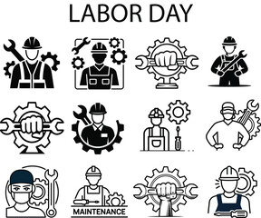 Fototapeta premium Labor Day Icon Set Featuring Twelve Worker and Tool Silhouettes with Hard Hats, Gears, and Hand Tools in Black Vector Design