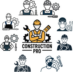 Construction Worker Icon Set Featuring Central &ldquo;Construction Pro&rdquo; Figure with Wrench and Ruler Surrounded by Tool-Themed Illustrations for Industry Tribute Design