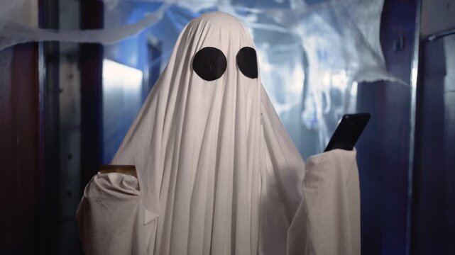 ghost Halloween uses smartphone to online shopping at night in cobwebs corridor. ghost makes order for Halloween pays online with bank card
