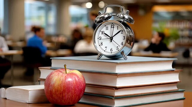Time management tips for students using books and an alarm clock in a study setting