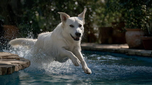 A playful dog jumps into a backyard pool in sunny weather