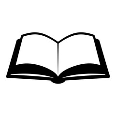 Simple black and white line drawing of an open book for study