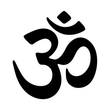 Black Om symbol on white background representing spiritual enlightenment and peace