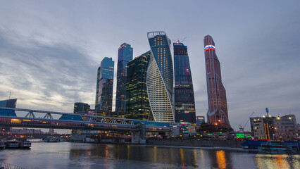 Fototapeta premium Skyscrapers International Business Center City day to night timelapse hyperlapse, Moscow, Russia