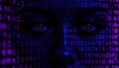 Digital identity, a woman's portrait immersed in the world of binary code woman
